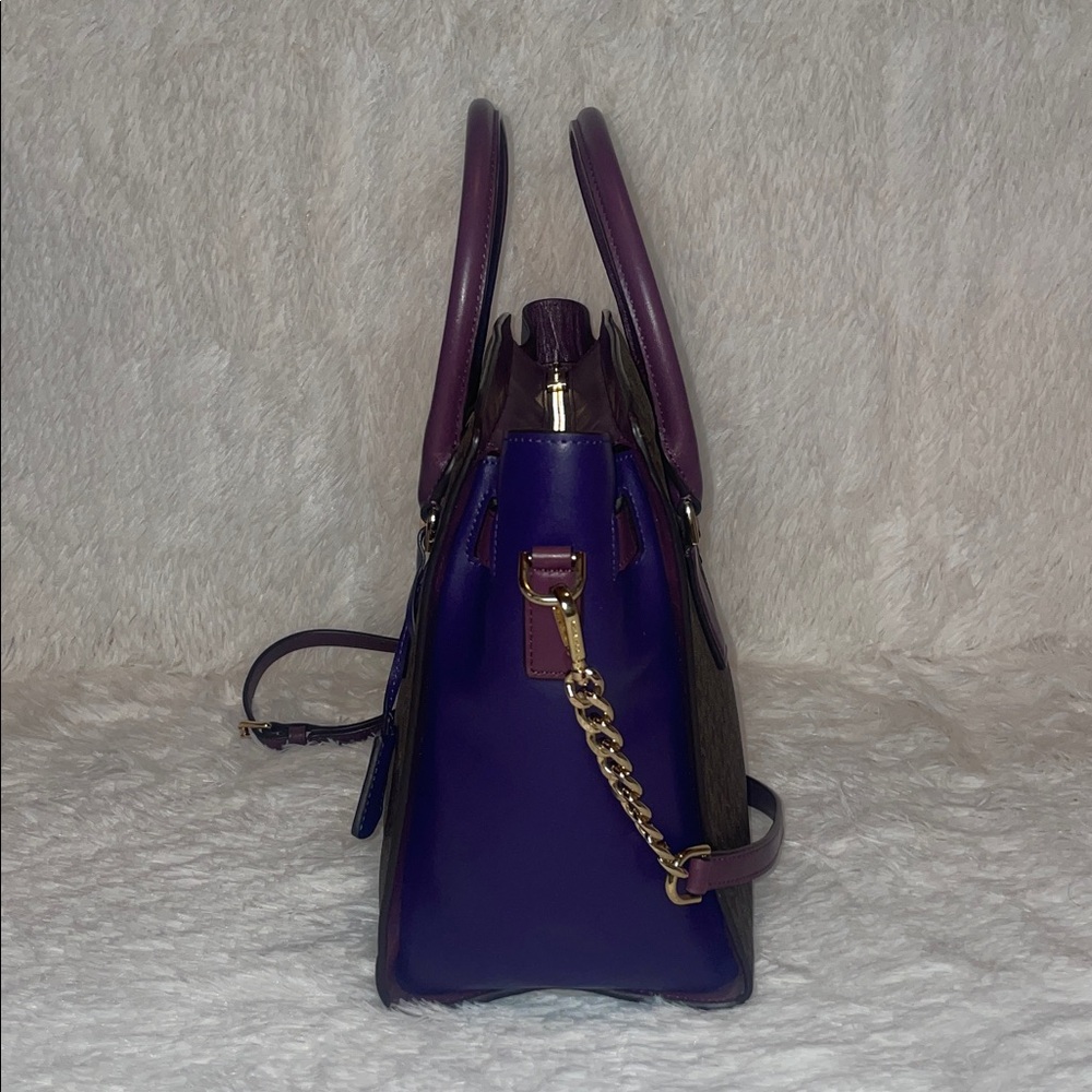 Michael Kors Hamilton Plum Violet Leather & Signature Monogram Canvas Satchel - Picture 6 of 17
